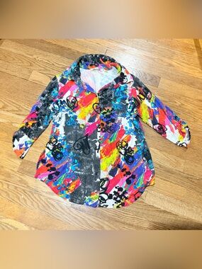 Sno Skins Splash Paint Abstract Print Button Down Shirt Blouse Size M